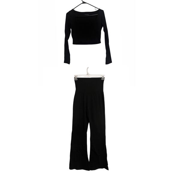 Final Touch Flared Lounge Pants Long Sleeve Cropped Shirt Set Size Small Black - Picture 1 of 6